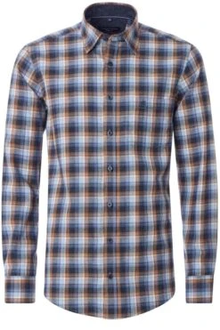 Casa Moda Mens Casual Fit Check Shirt Blue/Tan