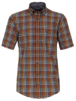 Casa Moda Men's Short Sleeve Check Shirt Comfort Fit Tangerine Tango