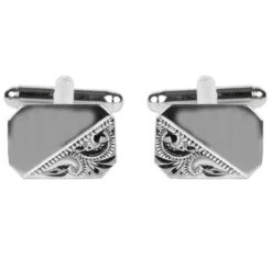 Dalaco Rectangle Cut Corners Engraved Design Rhodium Plate Cufflinks