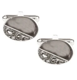 David Aster Oval Third Engraved Cufflinks Rhodium