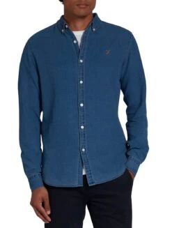 Farah Men's Brewer Long Sleeve Denim Shirt Mid Indigo Blue