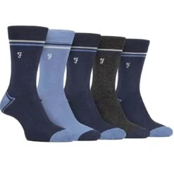 Farah Men's Socks Contrast Heel & Toe Bamboo 5 Pack Navy/Blue