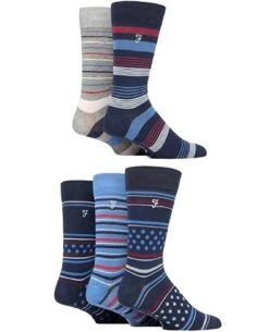 Farah Men's Socks Patterned Striped Bamboo 5 Pack Navy Blue