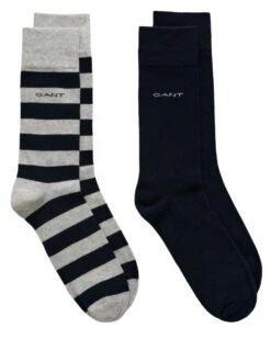 GANT Mens Barstripe & Solid Socks 2 Pack Light Grey Melange