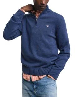 GANT Men's Casual Cotton Half Zip Sweater Dark Jeans Blue Melange
