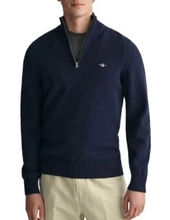 GANT Mens Casual Cotton Half Zip Sweater Evening Blue