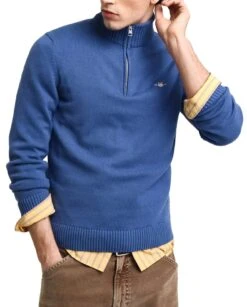 GANT Mens Casual Cotton Half Zip Sweater Rich Blue