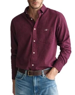 GANT Mens Regular Fit Micro Checked Flannel Shirt Wine Red