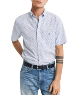 GANT Mens Regular Micro Print Short Sleeve Shirt Light Blue
