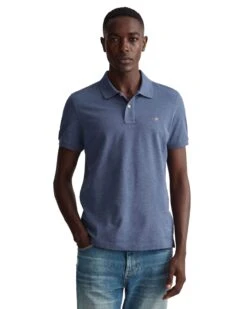 GANT Mens Sheild Regular Pique Polo Shirt Dark Jeans Blue Melange