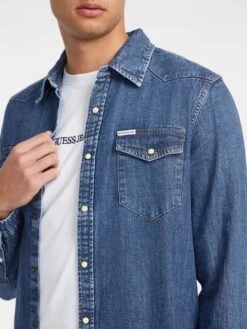 GUESS Mens Slim Long Sleeve Denim Shirt Blue -Casa Moda Store guess mens slim long sleeve denim shirt blue northern ireland belfast lisburn 606