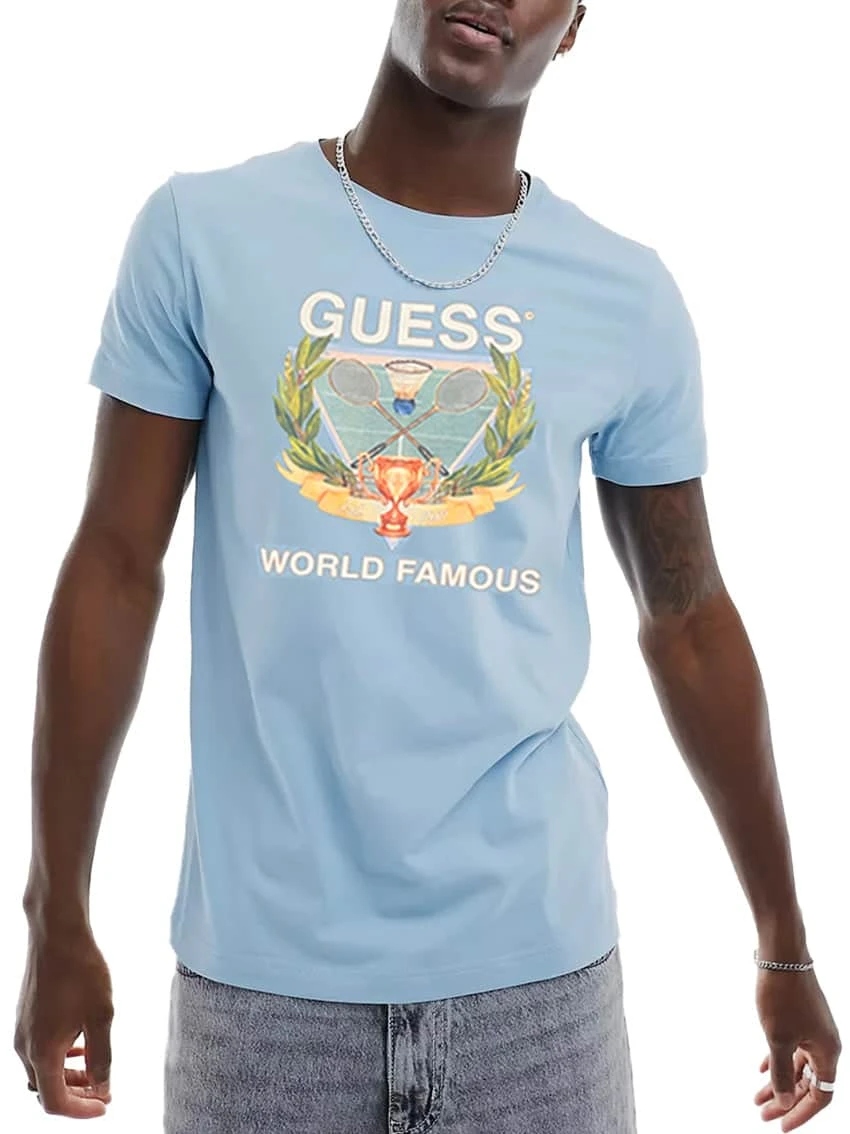 Guess Men's SS BSC World Famous Logo T-Shirt Channel Blue 3 Guess Men's SS BSC World Famous Logo T-Shirt Channel Blue