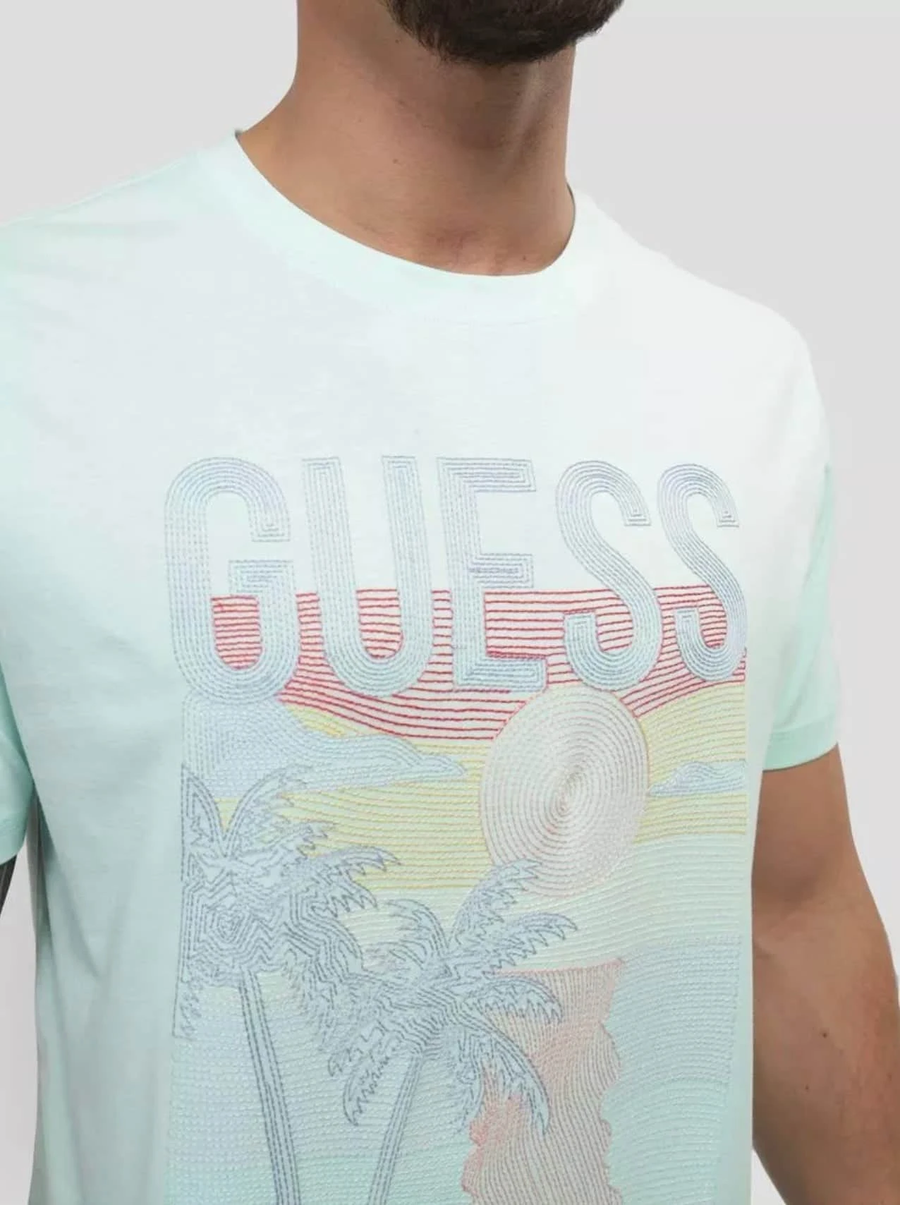 Guess Mens SS CN Palm Embroidered T-Shirt Soft Aqua 5 Guess Mens SS CN Palm Embroidered T-Shirt Soft Aqua - Image 3