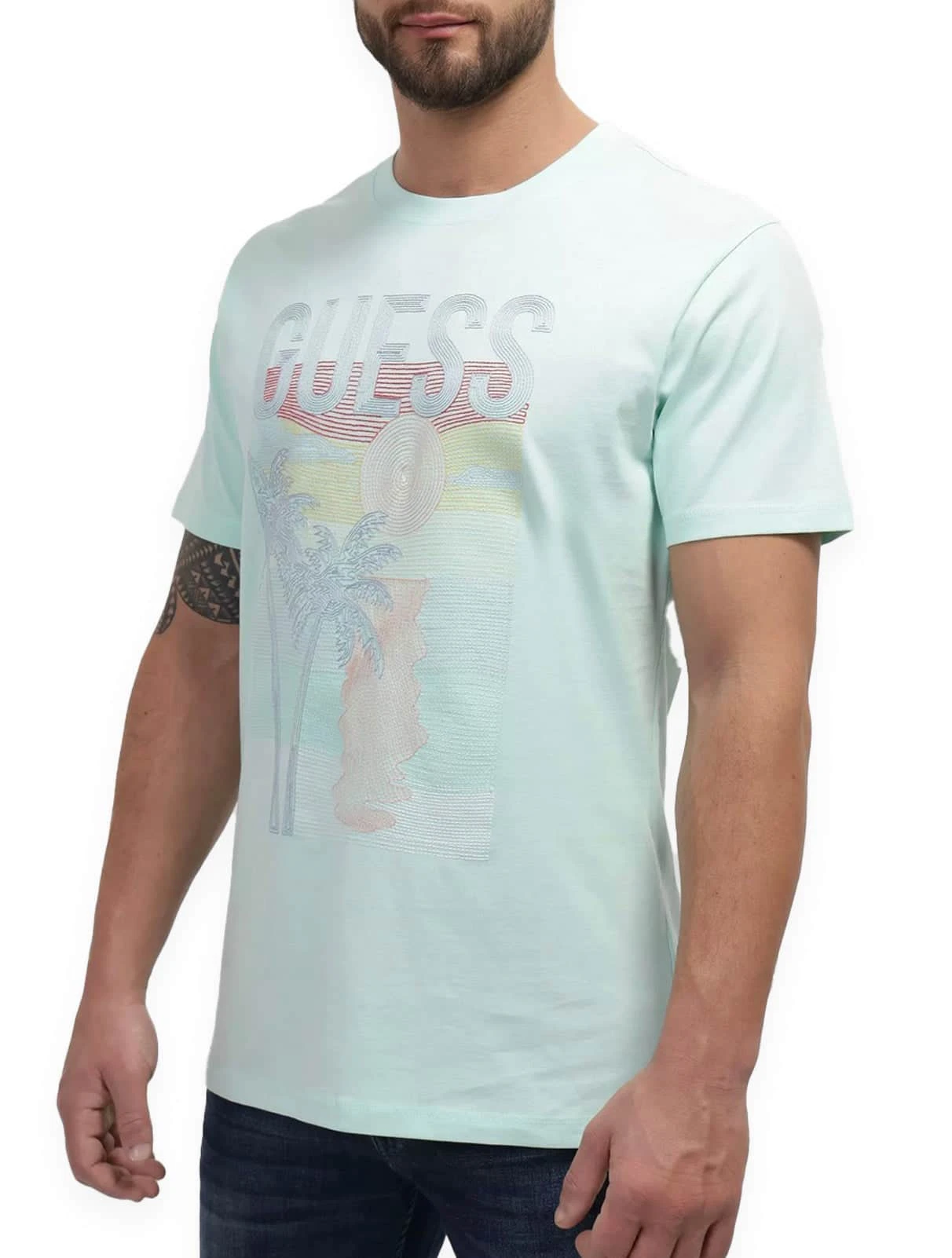 Guess Mens SS CN Palm Embroidered T-Shirt Soft Aqua 3 Guess Mens SS CN Palm Embroidered T-Shirt Soft Aqua