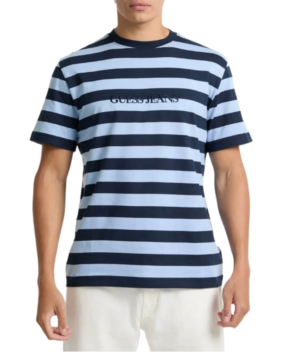 Guess Mens Striped Logo T-Shirt Blue 3 Guess Mens Striped Logo T-Shirt Blue