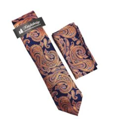 Knightbridge Tie & Pocket Square Set Orange/Navy Paisley