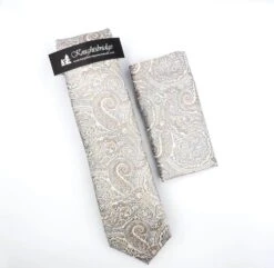 Knightbridge Tie & Pocket Square Set Silver/Beige Paisley