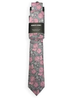 Remus Uomo Tie & Pocket Square Set Grey/Pink